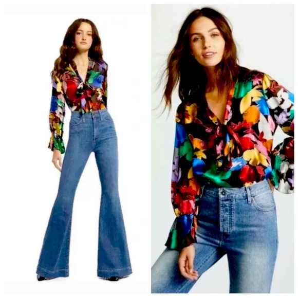 Alice + Olivia Mora Tie-Neck Floral Blouson-Sleeve Blouse - Picture 1 of 3